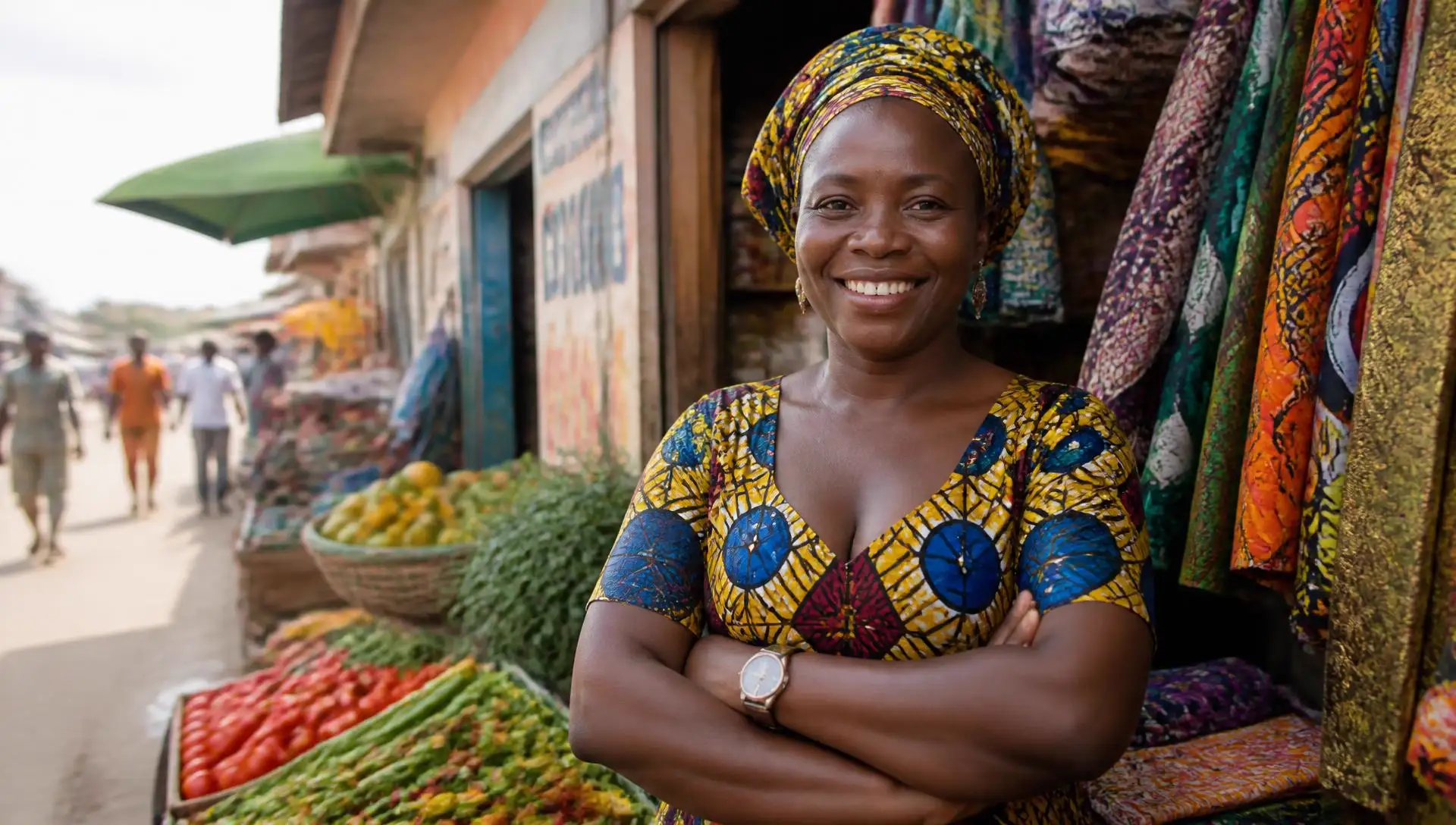 Market traders and small business owners at a busy Nigerian marketplace